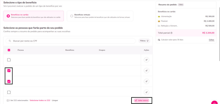 imagem da plataforma com destaque para opção de editar valores