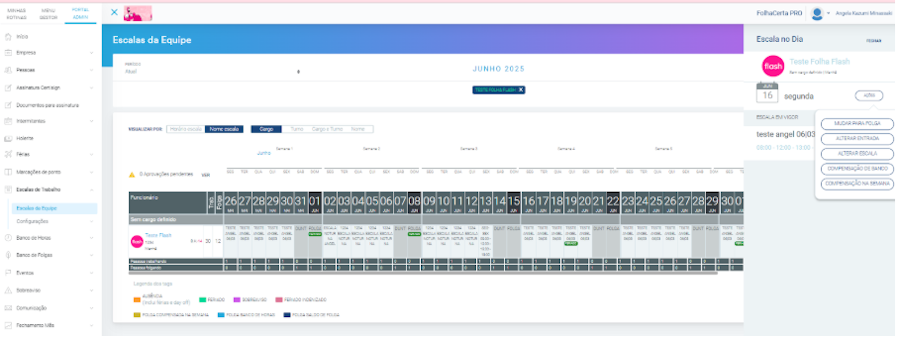 Imagem da tela escalas de equipe exemplo.