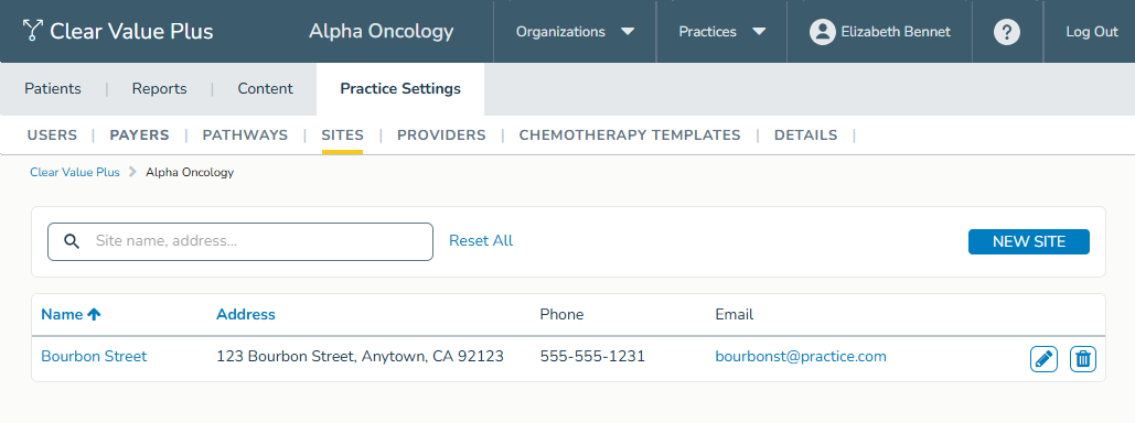 The Sites list under the Practice Settings tab - click to enlarge The Sites list under the Practice Settings tab