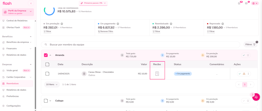 Acompanhar as solicitações de reembolso. Passo 3. Revisão das informações e clicar no ícone de recibo