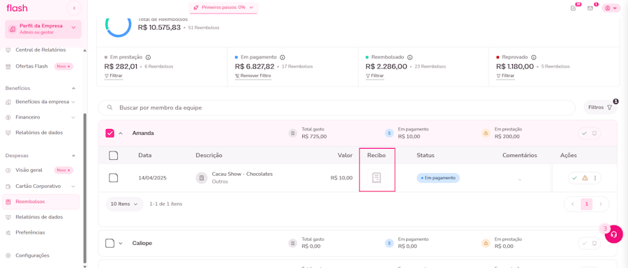 Acompanhar as solicitações de reembolso. Passo 3. Revisão das informações e clicar no ícone de recibo