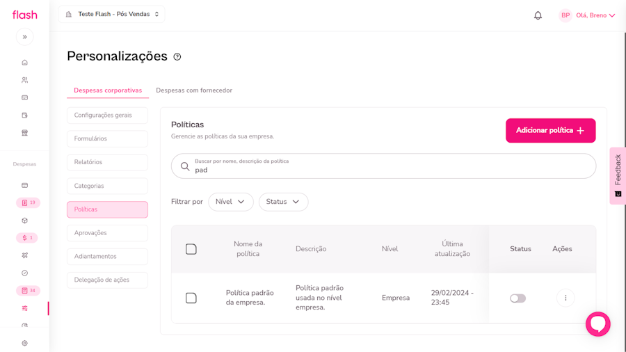 Política de despesas corporativas. Finalização e confirmação da politica que será inativada