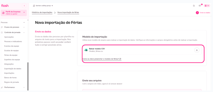 Histórico de férias e períodos aquisitivos. Tela modelo de arquivo para importação.
