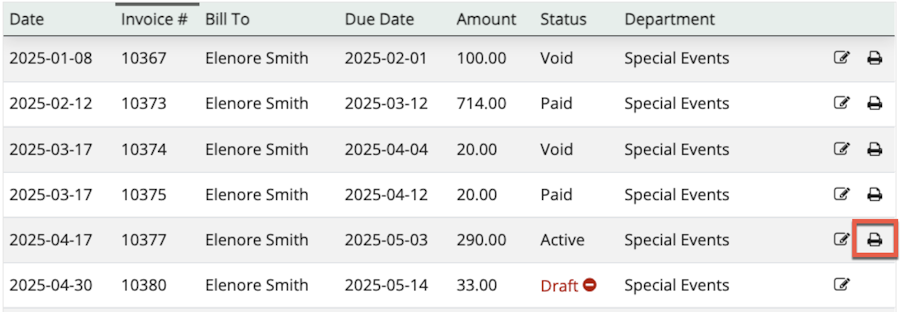 List of invoices on an application with the print button highlighted for one.