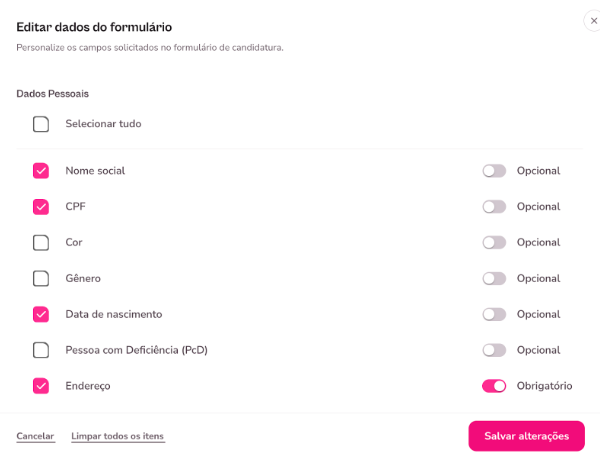 imagem da plataforma com o menu de dados de formulário.