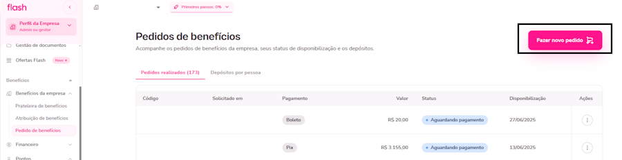 imagem da plataforma com destaque para o botão fazer novo pedido