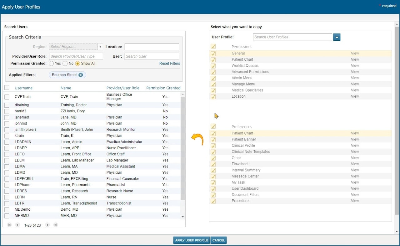 The Apply User Profiles screen - click to enlarge The Apply User Profiles screen
