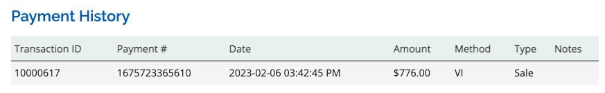 Image of the Payment History area on an invoice, showing the amount that was applied to the invoice, and the date and time it was applied.