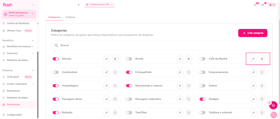 imagem com destaque para opções de adicionar/excluir categorias