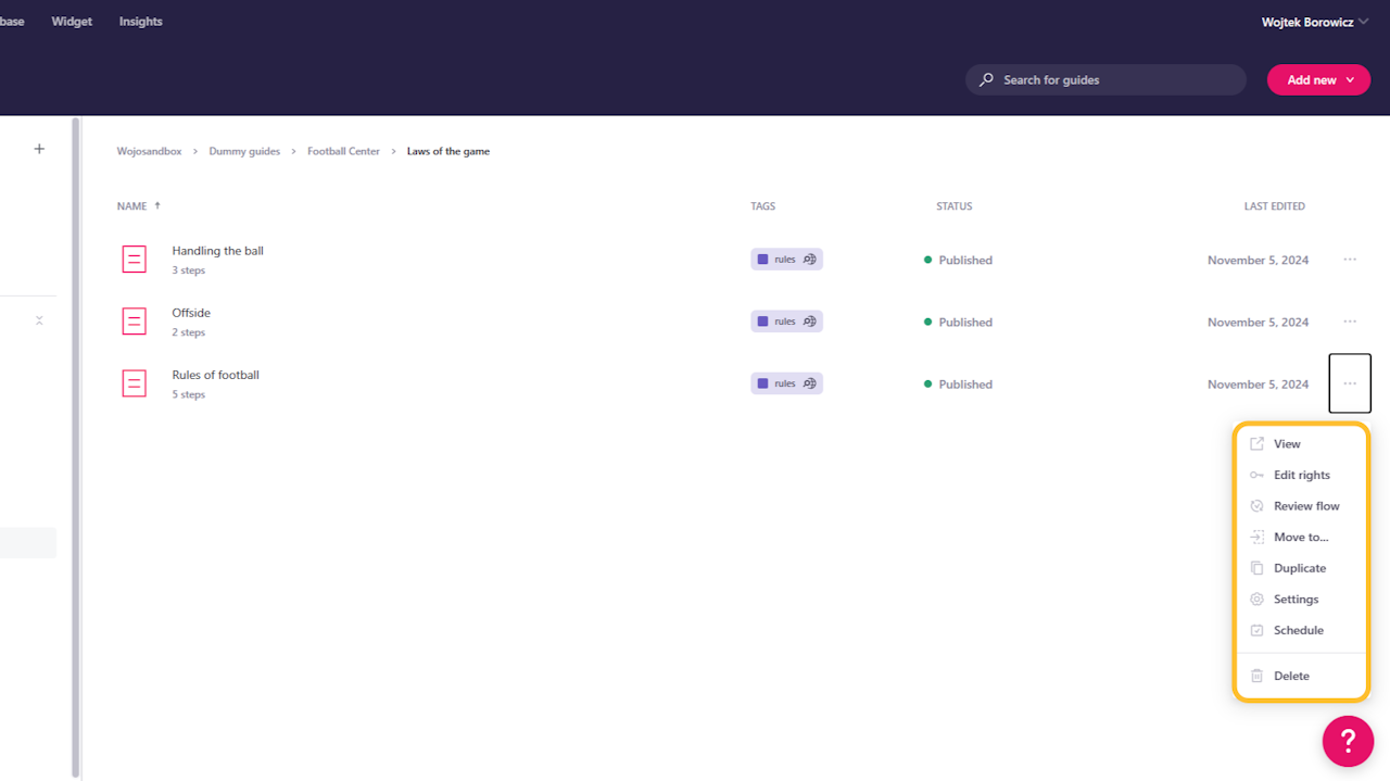 Guide options open in the content manager. - click to enlarge Guide options open in the content manager.