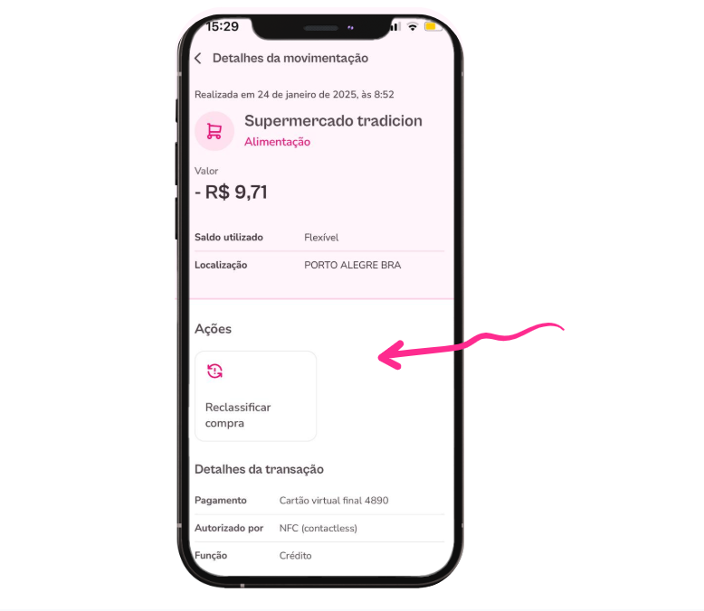imagem exemplo com destaque para opção de reclassificar compra