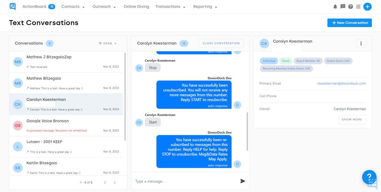 TEXT CONVERSATIONS PAGE SHOWING EXAMPLE LIST OF 8 OPEN CONVERSATIONS - click to enlarge TEXT CONVERSATIONS PAGE SHOWING EXAMPLE LIST OF 8 OPEN CONVERSATIONS