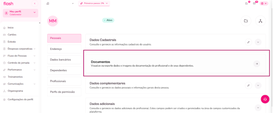 imagem da plataforma com destaque para a opção de gestão de documentos.