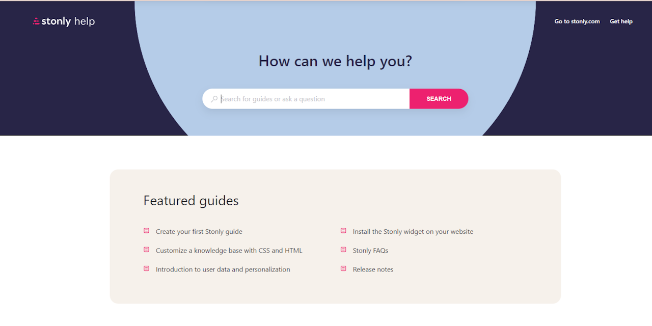 Featured guides block in Stonly Help Center. - click to enlarge Featured guides block in Stonly Help Center.