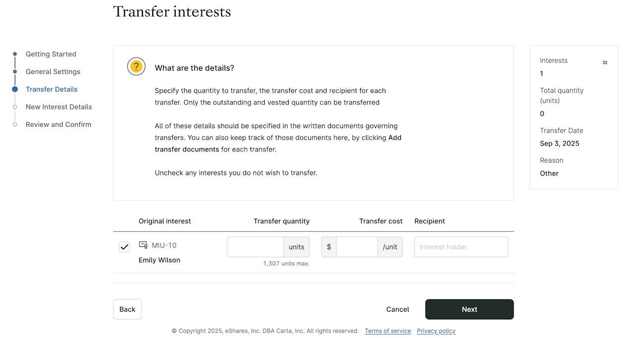 Input the Transfer Quantity, Transfer cost (per unit), and Recipient - click to enlarge Input the Transfer Quantity, Transfer cost (per unit), and Recipient