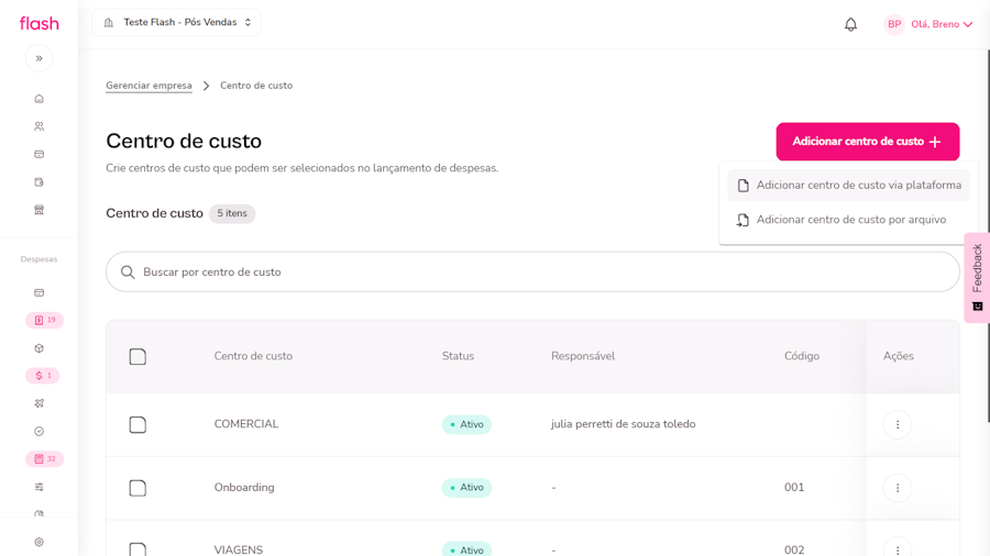 Menu de centro de custo com a opção de adicionar selecionada
