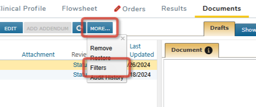 The Documents charts tab with the More options opened and the Filters option highlighted - click to enlarge The Documents charts tab with the More options opened and the Filters option highlighted