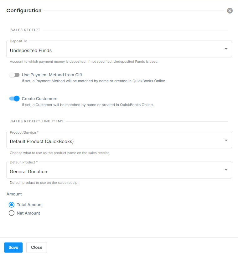 configuration options for QBO integration - click to enlarge configuration options for QBO integration