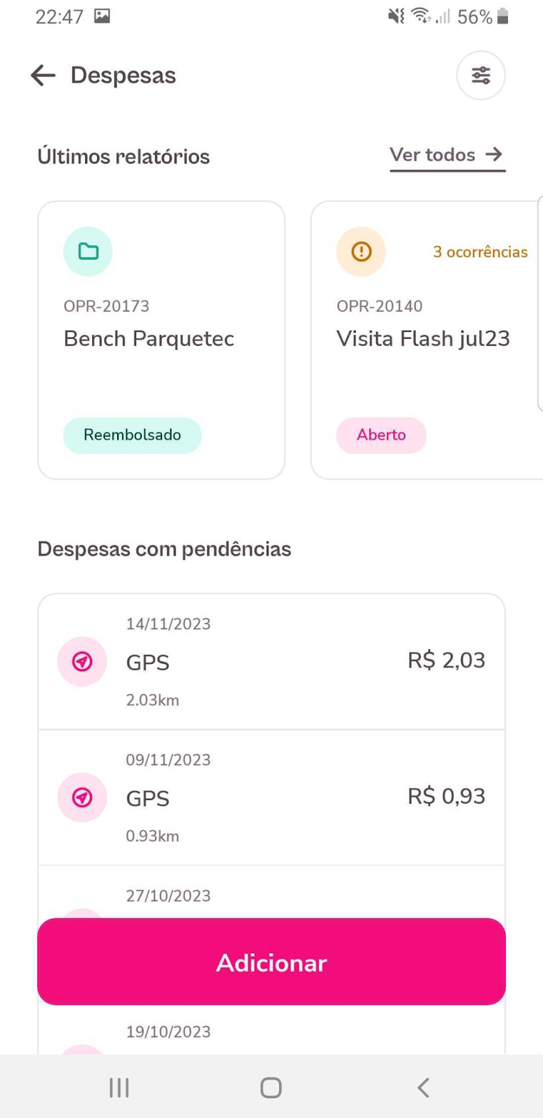 imagem do aplicativo com despesas exemplos por GPS criadas