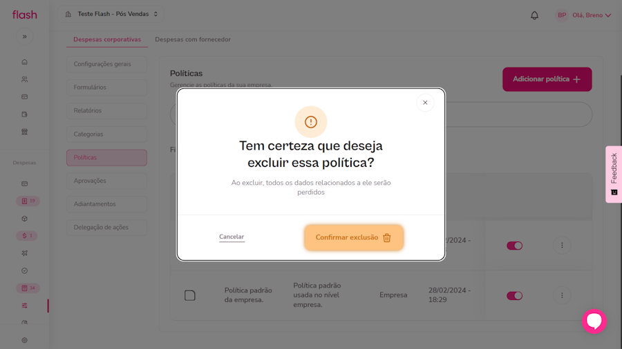Política de despesas corporativas. Quinto passo para exclusão de política. Confirmação da politica que deseja excluir