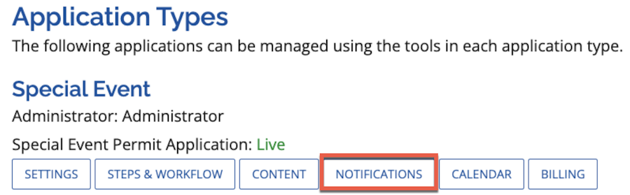 Image showing the Special Event Permit type configuration options with Notifications highlighted