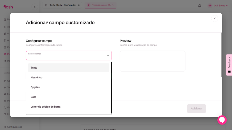 imagem da tela de adicionar campo customizado