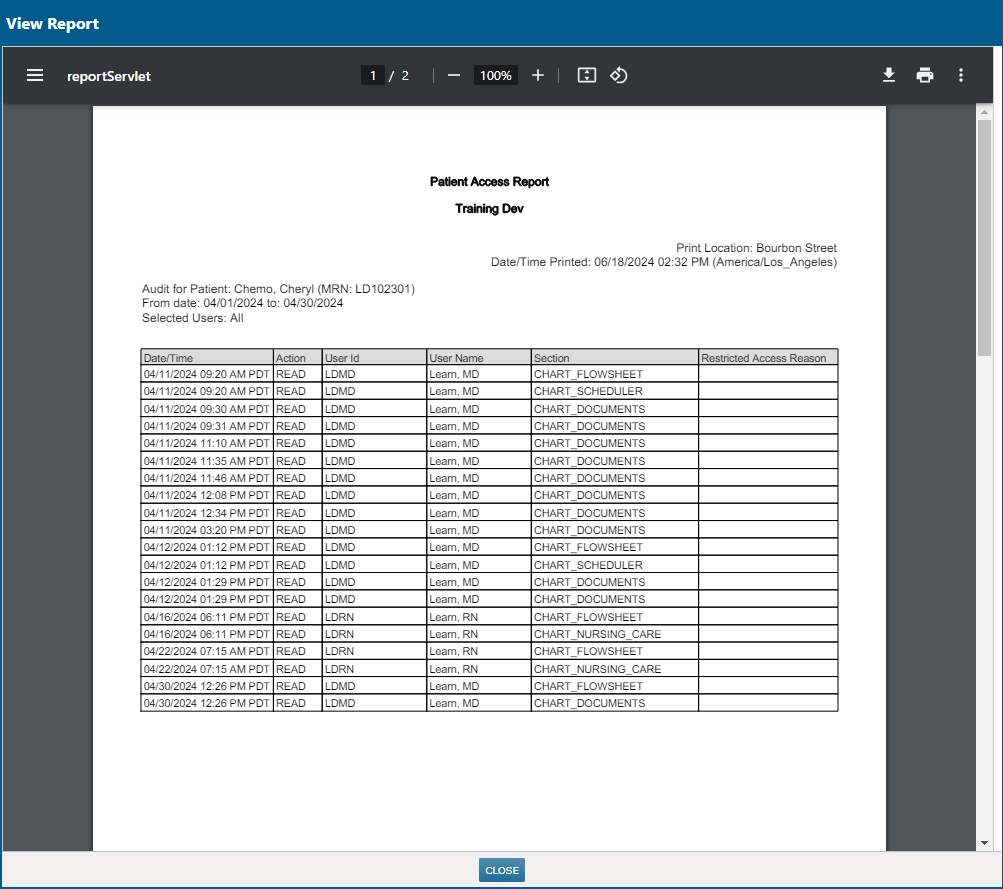 A preview of the Patient Access Flowsheet Report - click to enlarge A preview of the Patient Access Flowsheet Report