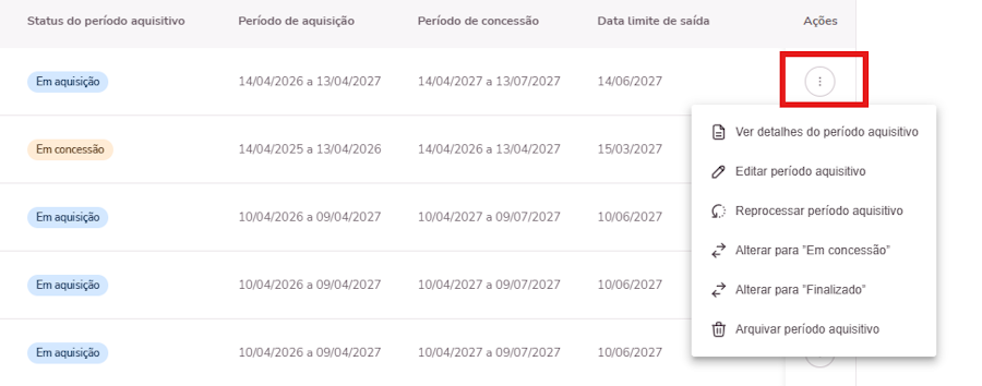 imagem exemplo para detalhes das opções de períodos aquisitivos.