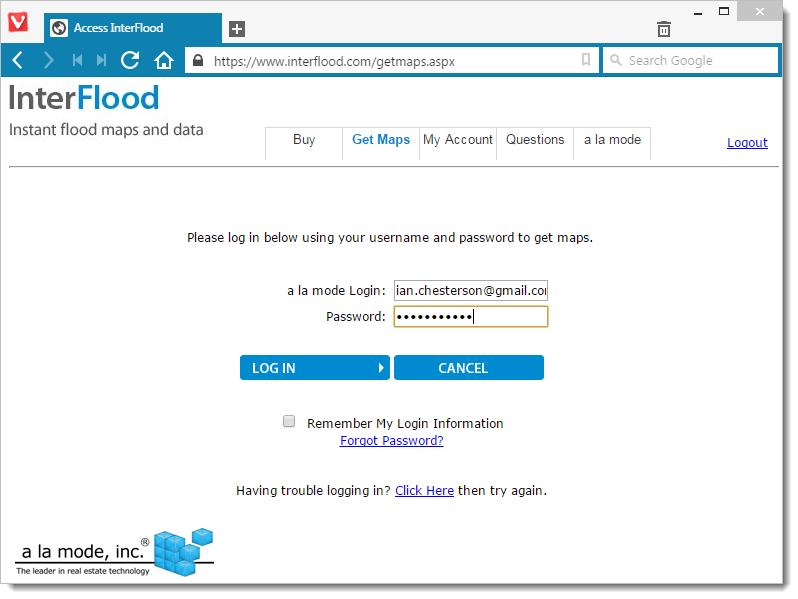 Example InterFlood log in screen — click to enlarge