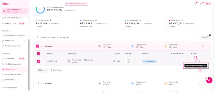 Acompanhar as solicitações de reembolso. Passo 5. Marcar como reembolsado