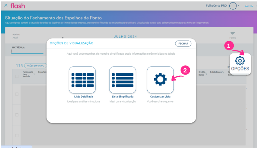 Gerenciar espelho de ponto da equipe Folha Flash. Etapa customização da lista.