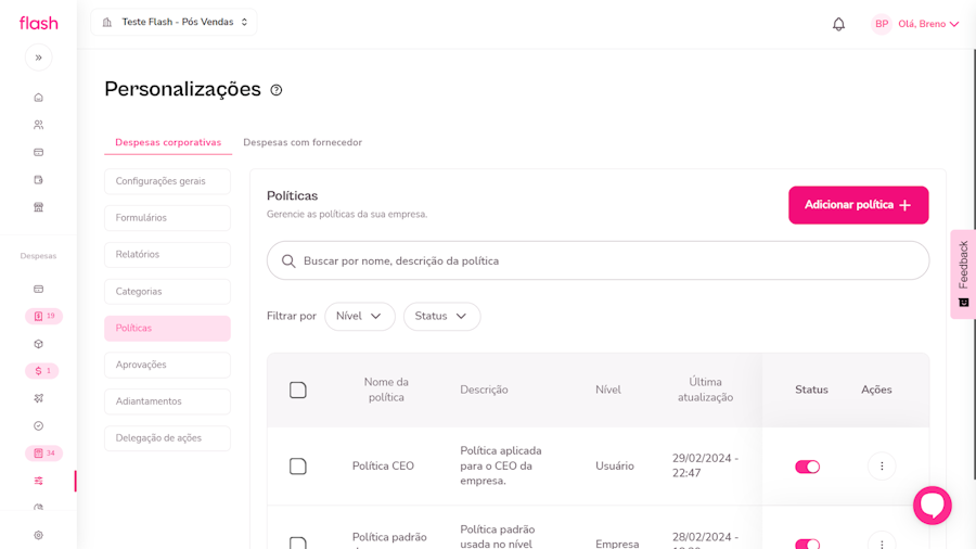 Política de despesas corporativas. Tela 1