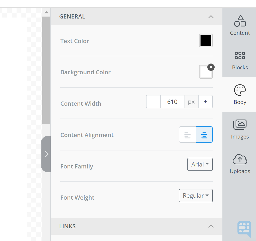 GENERAL BODY TOOLS INCLUDING OPTION FOR CONTENT WIDTH SET TO 610 - click to enlarge GENERAL BODY TOOLS INCLUDING OPTION FOR CONTENT WIDTH SET TO 610