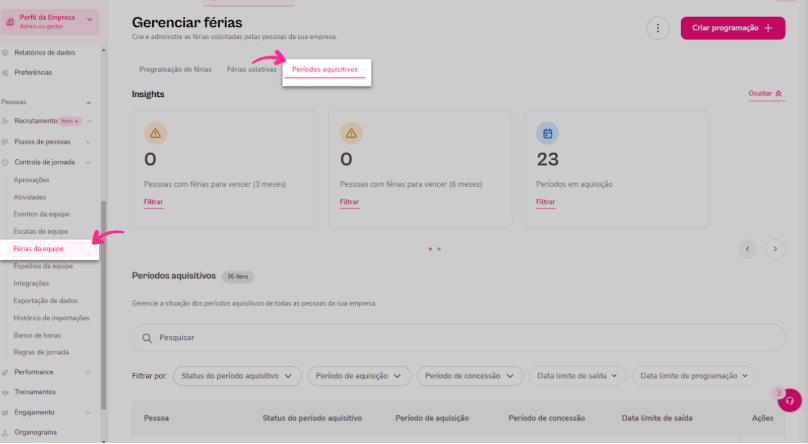 imagem da plataforma com destaque para o botão férias da equipe e botão de período aquisitivo.