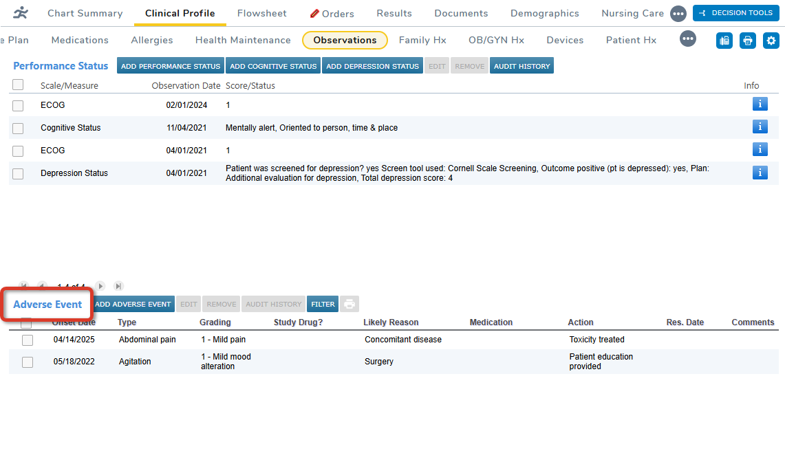 The Adverse Event list highlighted under Clinical Profile Observations - click to enlarge The Adverse Event list highlighted under Clinical Profile Observations