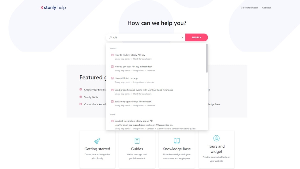 Search dropdown open in the Stonly knowledge base. - click to enlarge Search dropdown open in the Stonly knowledge base.
