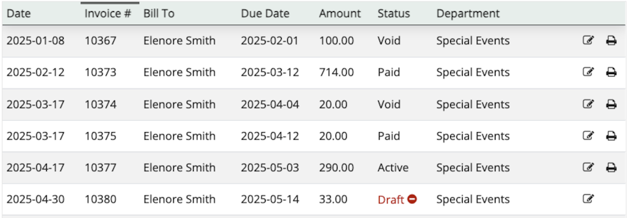 List of invoices on an application.