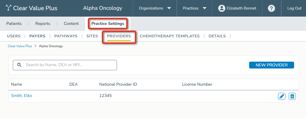 The Providers sub-tab under the Practice Settings tab. Both tabs are highlighted. - click to enlarge The Providers sub-tab under the Practice Settings tab. Both tabs are highlighted.