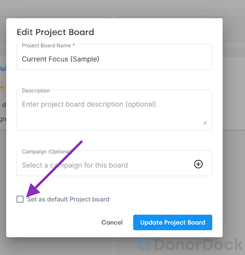 Set as Default Project Board checkbox
