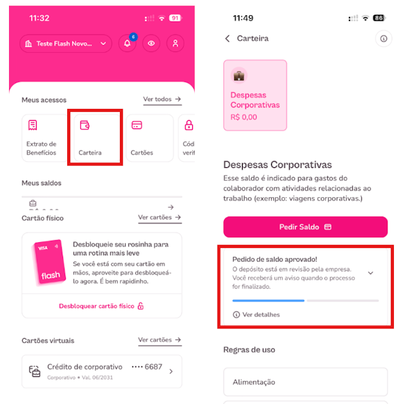 Imagem mostra como visualizar o andamento do pedido de saldo no aplicativo Flash.