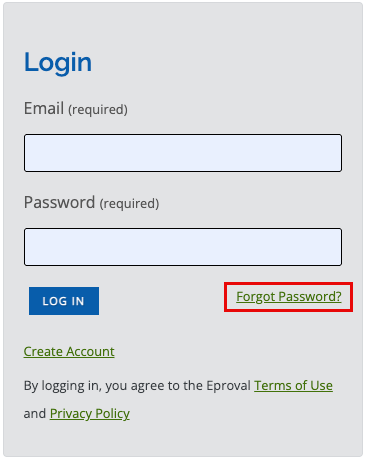 Eproval Login screen with the Forgot Password button highlighted.