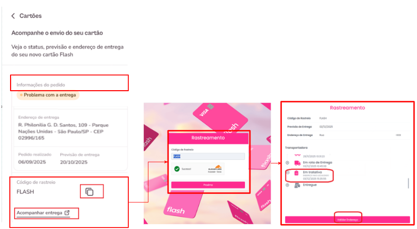 imagem do aplicativo com instruções para rastrear a entrega de cartão