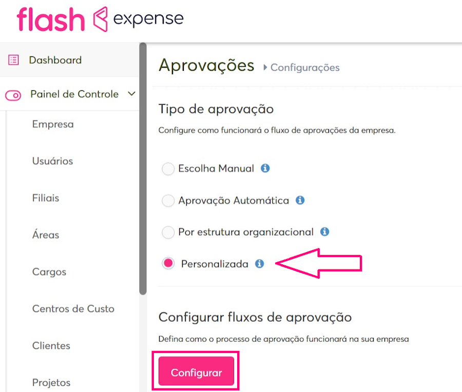 imagem com destaque para as opções de personalizada e o botão configurar.