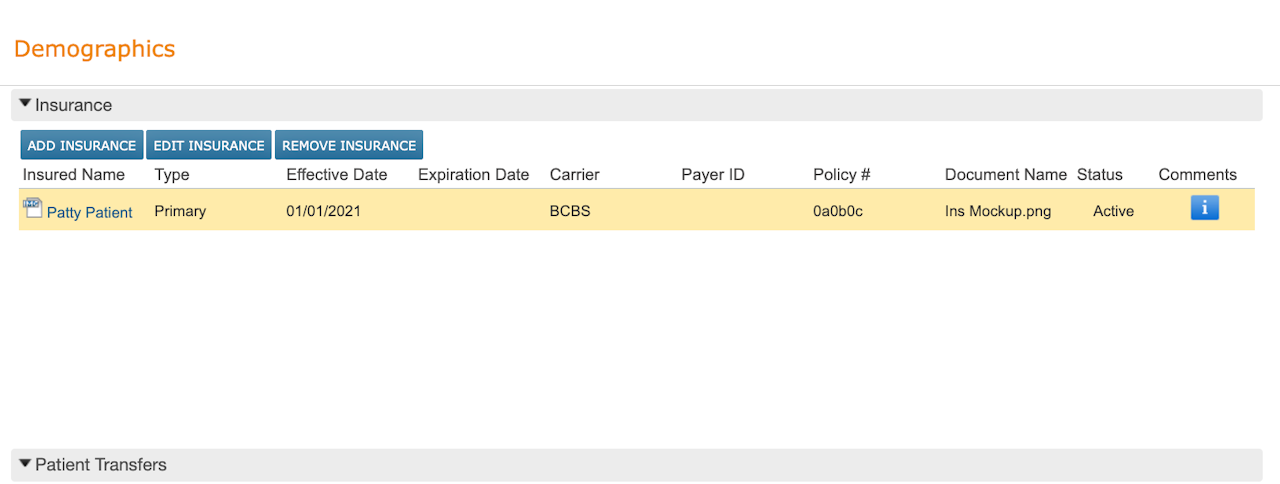 A patient insurance selected under Demographics - click to enlarge A patient insurance selected under Demographics