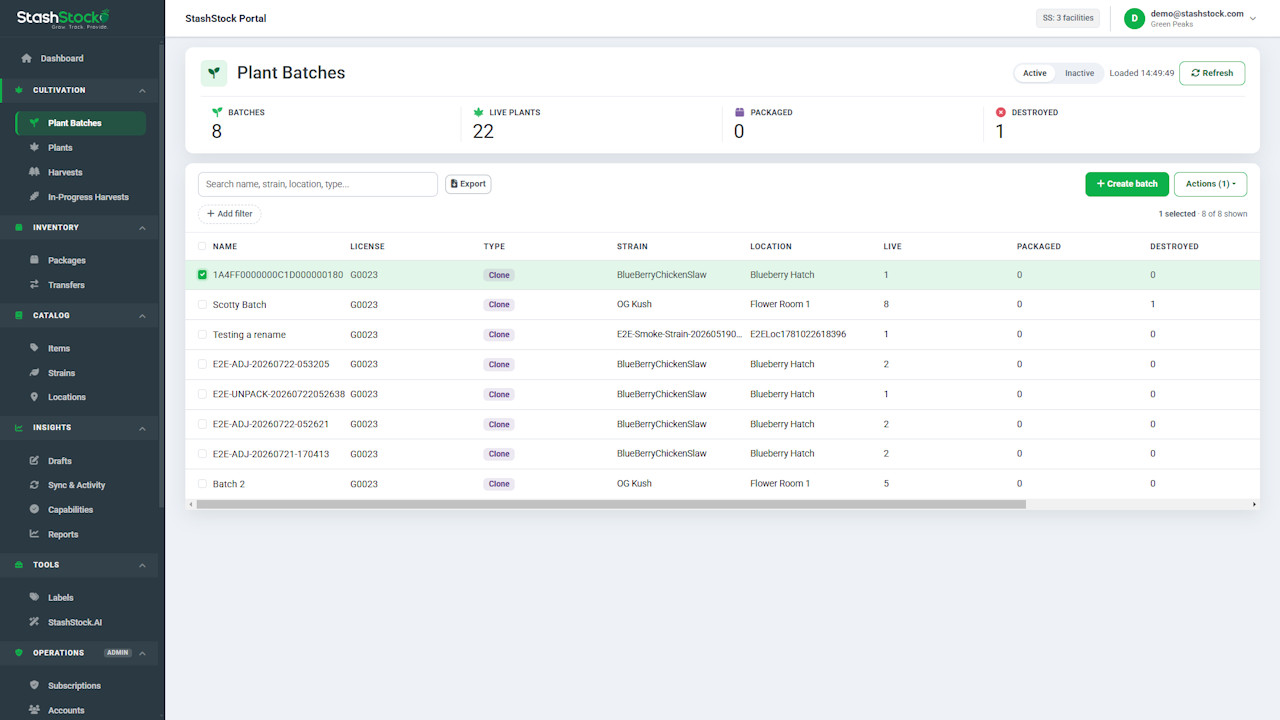 Plant Batches grid with a batch selected - click to enlarge Plant Batches grid with a batch selected