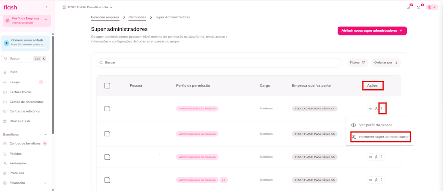 Imagem mostra como remover o perfil super administrador de um usuário