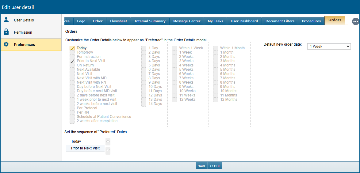 User Preferences with the Orders tab displayed - click to enlarge User Preferences with the Orders tab displayed