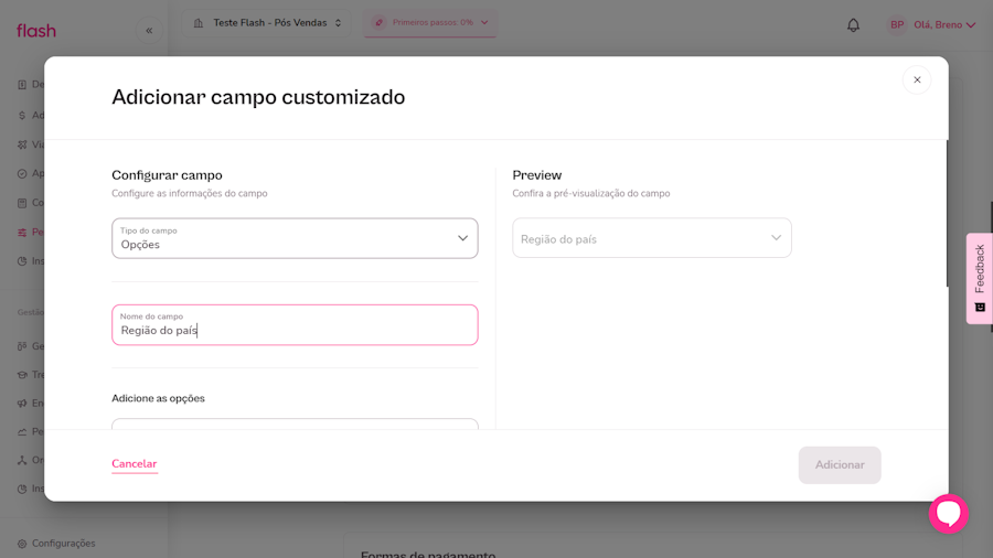 imagem do campo customizado com dados exemplos preenchidos.