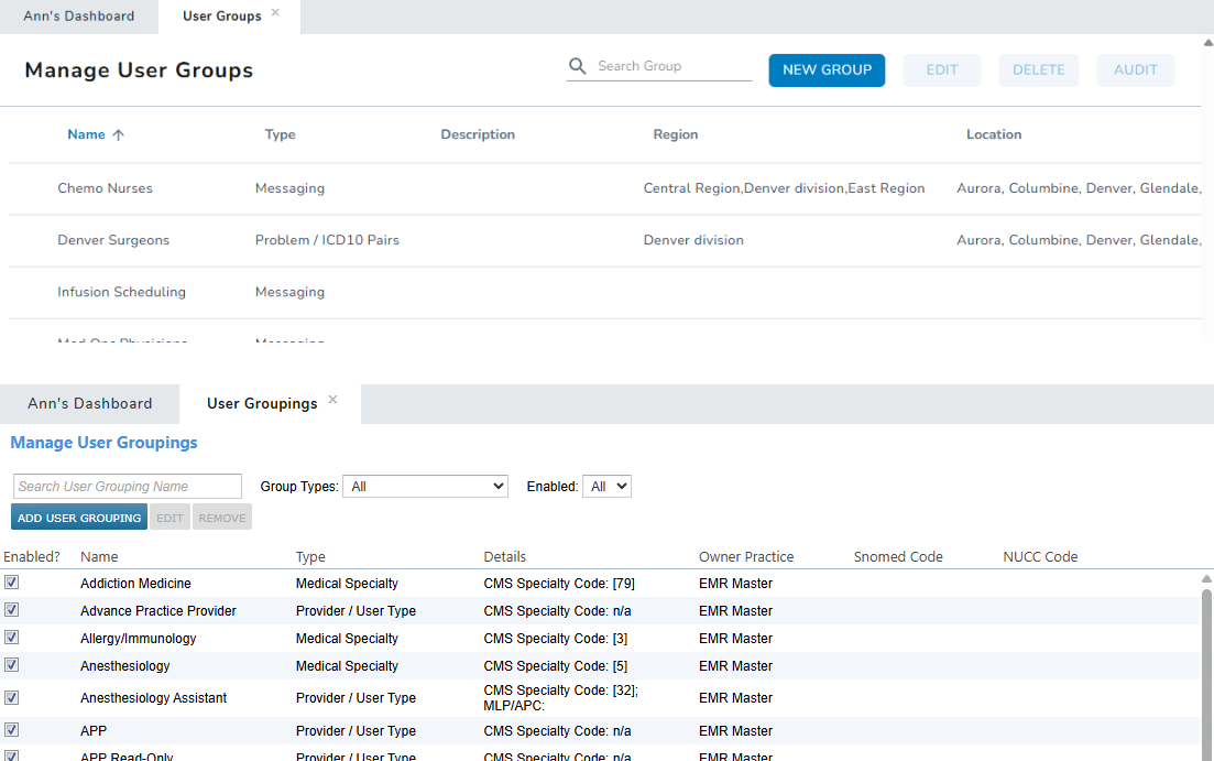 The User Groups and User Groupings lists side by side - click to enlarge The User Groups and User Groupings lists side by side