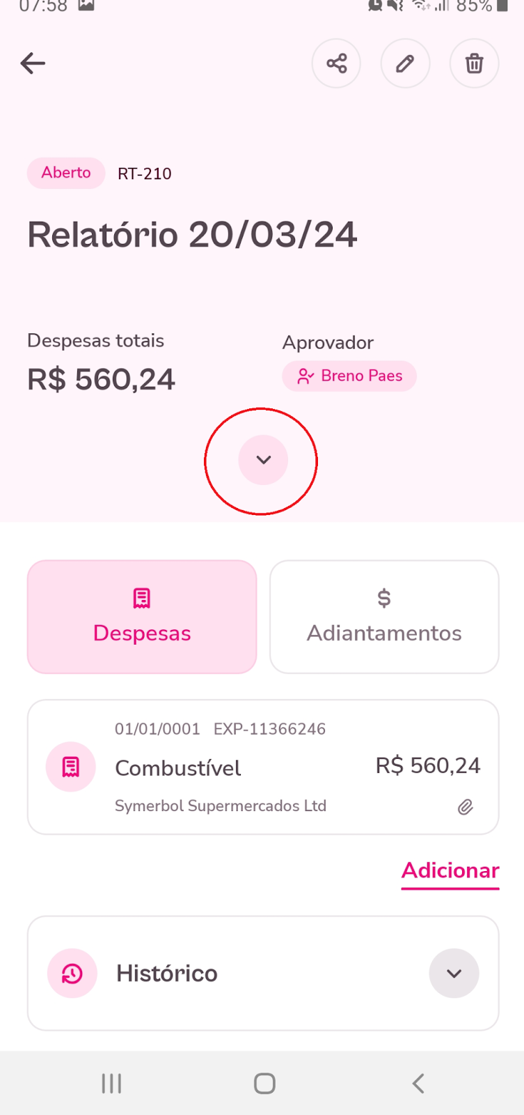 Imagem exemplo de lançamentos exemplos com destaque na seta para baixo.